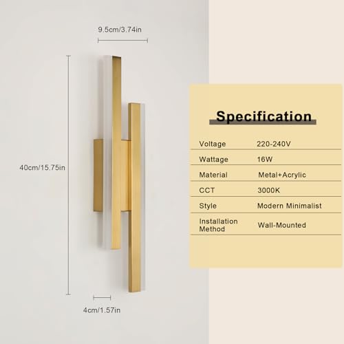 Toolight Gold LED Long Wall Light, 16W 1800LM Sconce Lights Led Long, 40CM Modern Wall Lamp Warm White 3000K, for Living Room Bedroom Dining Room Staircase Hallway - Image 5