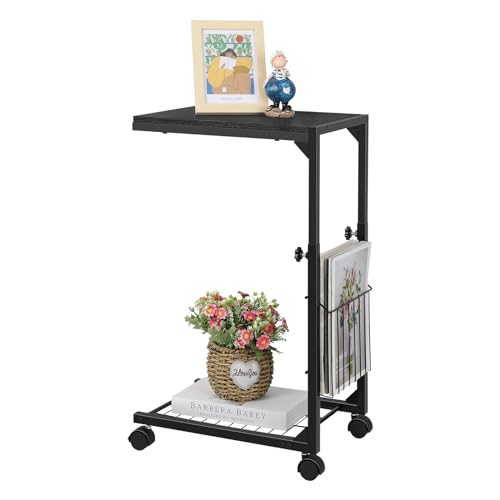 Image of BTY C Shaped Side Table Adjustable End Table with Wheels C Table for Small Spaces Couch Table with Storage for Sofa Living Room Bedroom (Black)