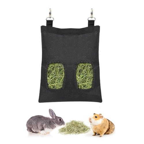 OUDQFCJ Sac à Foin pour Lapin, Distributeur de Foin, Sac de Foin Automatique,Sac de Foin Suspendu avec 4 Fenêtres pour Petits Animaux, Noir