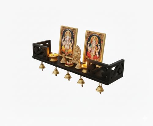 Image of Wooden Wall Shelf with Bells, Traditional Indian Style, Rectangular, Painted Finish | Mandir wall Shelf for Home and Office (Black)
