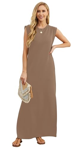 Image of GRECERELLE 2026 Women Year-Round Casual Round Neck Loose Split Wrinkle-Free Long Maxi Vacation Dress with Pockets (XXS-4XL)