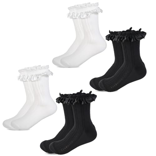 Image of Ruffle Socks for Woman, 4 Pairs Cute Crew Casual Cotton Frilly Socks Classic Solid Color Breathable Knit Trim Dress Sock, White & Black