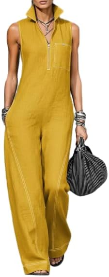 Women's Denim Sleeveless Stand Collar Wide Leg Jumpsuit Casual Zip Front...