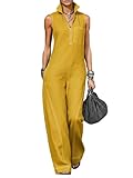 Belamoda Women's Yellow Denim Sleeveless Stand Collar Wide Leg Jumpsuit Casual Zip Front One Piece Outfit with Pockets