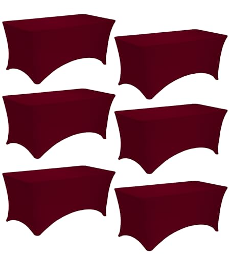 Image of 6 Pack 6FT Spandex Table Covers Washable Wrinkle Resistant Fitted Rectangle Tablecloth for Folding Table Wedding Party Birthday Banquet Bar Events(Burgundy)