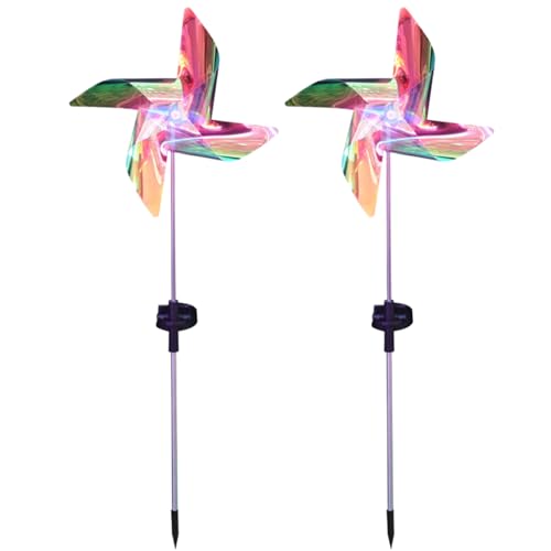 Gioche di pin per cortile e giardino, 2 pcs da 28,3 pollici di filatori del vento solare luce, roweli a LED rimovibili con palo, mulini a vento per giardino patio per il vento spinner