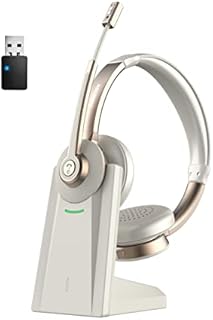 Wireless Headset,QCC v5.1 Bluetooth Headphones with Microphone, CVC Mic Noise Cancelling & Mute/Charging Dock/USB Dongle, 26 Hrs Handsfree Teams Headset for Cell Phones/Ms Teams/Zoom/Skype