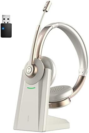 Bluetooth Headset with Microphone, QCC Wireless Headphones with Mic Noise Cancelling & Mute/Charging Dock/Plug & Play USB Dongle, 26 Hrs On Ear Headphones For Cell Phones/Laptop/PC/MS Teams/Zoom/Skype