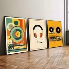 KEMEIQI Fonografo vintage, radio e cuffie, dischi in vinile, cassette, poster su tela a tema musicale retrò, decorazioni musicali (70x100cmx3/senza cornice)