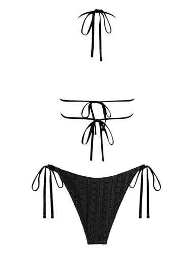 Image of ZAFUL Halter Swimsuits for Women Textured Backless 2 Piece Bathing Suits Cheeky High Cut String Tie Side Bikini Sets