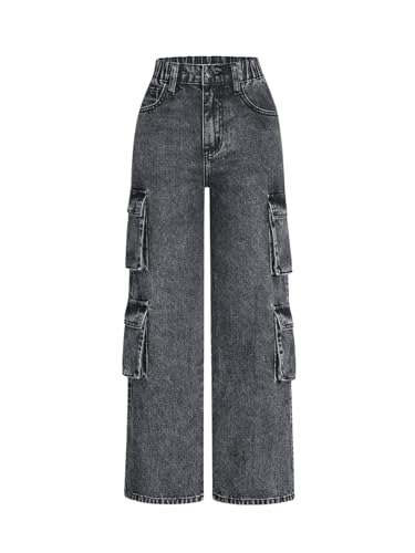 OYOANGLE Girl's Cargo Jeans Elastic Waist Flap Pocket Straight Leg Pants Y2K Denim Pants