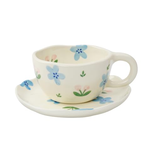 Koythin Tasse à café en céramique avec soucoupes, motif fleurs faites à la main, jolie tasse pour fille et femme, tasse esthétique avec poignée, pour latte, cacao, bureau, maison (fleurs bleues et