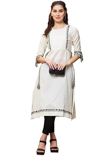 Image of TRENDMALLS Women's Cotton Embroidery Kurti 3 /4 Sleeve Calf Length Stright Kurti for Women