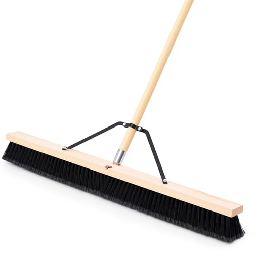 Yiyiring 36 Inch Push Broom Indoor Outdoor Use Heavy Duty Floor Sweep Brush with 60 Inch Wood Handle Stiff Bristles for Concrete Garage Driveway Cleaning Snow Leaves Debris