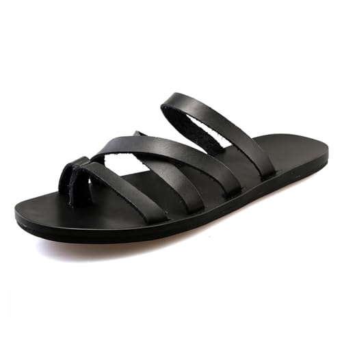 Men's Leather Strappy Toe Loop Casual Flat Beach Slides Sandals Open Round Toe Lightweight Non-Slip Slip On Summer Roman Flip Flops Slides for Beach Walking Summer Sandals