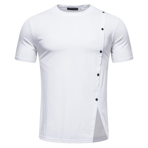 Men Split Hem Irregular Short Sleeve Shirt Crew Neck Button Decorate T Shirts Summer Trendy Fashion Simple Pullover (White,X-Large)