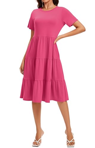 Image of Womens Summer Short Sleeve Crew Neck Midi Dress 2026 Casual Fit Flowy Tiered Beach Vacation Sundress with Pockets