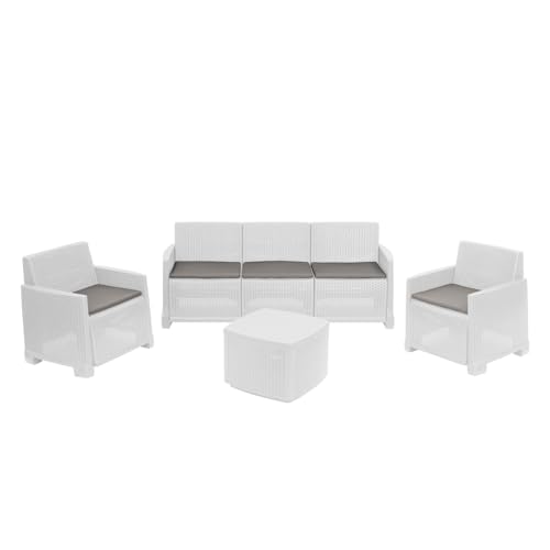 Dmora - Ensemble de Salon d'extérieur Alassio, Composition de Jardin avec 2 fauteuils, 1 canapé et 1 Table de Rangement, Effet rotin avec Coussins, 100% Made in Italy, Blanc