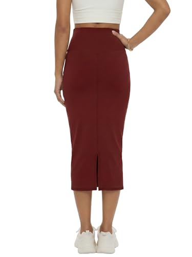Image of Rooscier Women's High Waisted Pencil Midi Skirt | Stretchy Bodycon Knee Length Skirts with Back Slit