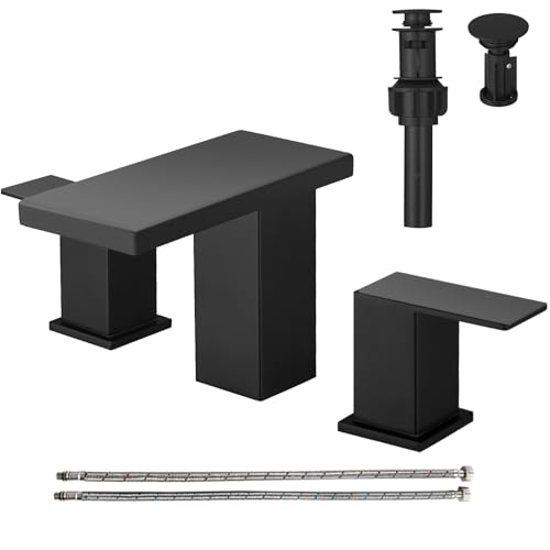 Hoimpro 8 Inch Widespread Waterfall Bathroom Sink Faucet, Square Two Handle Vanity Black Bathroom Faucet with cUPC Supply Hose, 3 Holes Faucet with Pop Up Drain, Stainless Steel, Matte Black