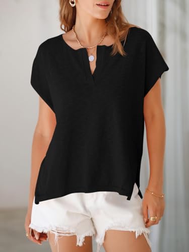 Saodimallsu Womens V Neck Cap Sleeve Sweater Tops Summer Casual Loose Fit Side Split Basic Clothes Shirts2