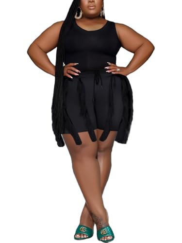 PRIVIMIX Women Plus Size 2 Piece Outfits Fringe Tassel Shorts Set Sleeveless Tank Tops Vacation Clubwear Tracksuits
