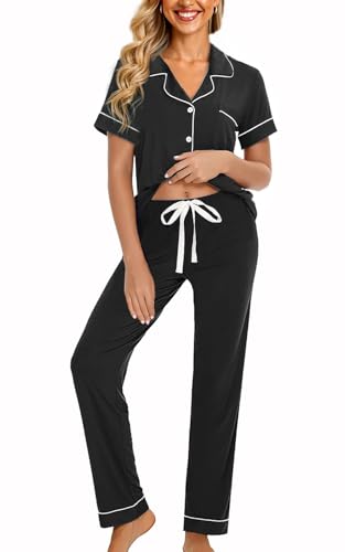 Image of WJing Yi Jia Womens Soft Pajamas Set XS-XXL Button Down Sleepwear Short Sleeves Pajama sets with Long Pants Pj Set Nightwear