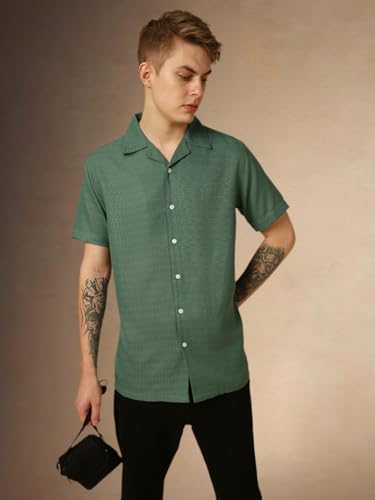 Image of Dennis Lingo Men's Half Sleeve Cuban Collar Solid Textured Relaxed Fit Casual Shirt