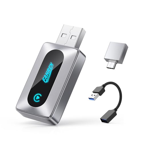 FAHREN 2025 Upgraded Wireless CarPlay Adapter for iPhone,Bluetooth & WiFi Connection,Compatible with iOS 10+ & car from 2016+,No Lag,Includes Type-C Adapter & Extension Cable USB A.