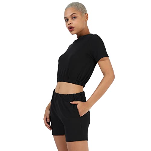 Image of Campus Sutra Women's Solid Black Crewneck Short Sleeve Regular Fit Co-Ords Set for Casual Wear | Clothing Set Crafted with Comfort Fit and High Performance for Everyday Wear