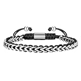 Rope & Chain Braided Link Bracelet for Men : Handmade Trendy Men's Stainless Steel Metal Non Tarnish Waterproof Franco Chain Bracelet Fashion Jewelry Gift for Dad Son Boyfriend, Adjustable,Black