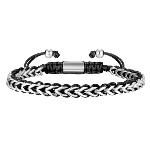 Rope & Chain Braided Link Bracelet for Men : Handmade Trendy Men's Stainless Steel Metal Non Tarnish Waterproof Link Chain Bracelet Stylish Minimal Jewelry Gift for Dad Son Boyfriend, Adjustable