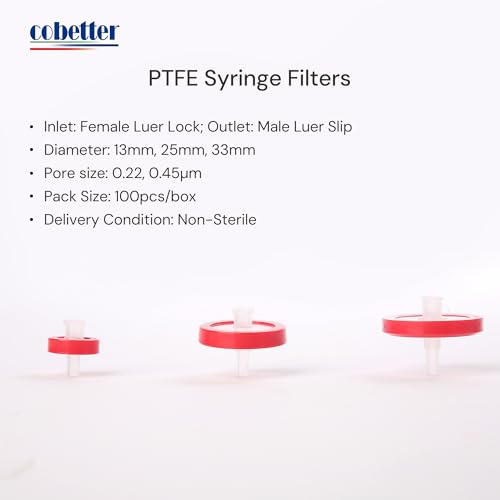 Image of Syringe Filter Hydrophilic PTFE, 0.1μm 13mm, Non-sterile, PK of 100 | Syringe Lab Filters, Hydrophilic PTFE, Female Luer Lock & Male Luer Slip, for Strong Solvents / Acids / Bases