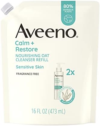 Aveeno Calm + Restore Nourishing Oat Facial Cleanser for Sensitive Skin, Gentle Face Wash with Nourishing Oat & Calming Feverfew, Hypoallergenic, Fragrance-Free, Refill Pouch, 16 fl. Oz