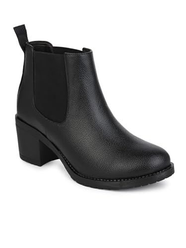 Women's Black Faux Leather Block Heel Ankle Boots with Buckle Str...