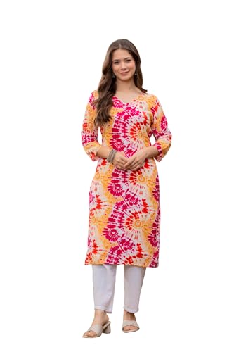 Image of Women's Tie-Dye Printed Kurti, V-Neck, 3 /4 Sleeves, Multicolour, Casual Wear