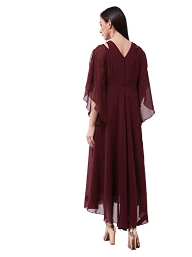 Image of Miss Chase Women's Wine Solid Relaxed Fit Round Neck Flared Sleeve Maxi Dress