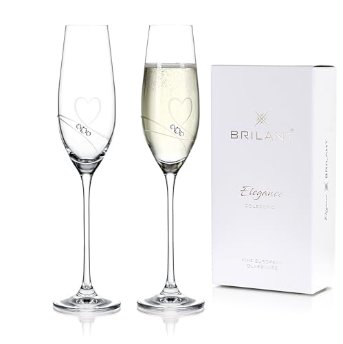 Brilant Essence of Love Sektgläser - Modernes Champagner Gläser Set Elegante Bleifreie Champagnergläser mit Eingraviertem Herz und Hochwertigen Kristallakzenten EU handgefertigt - 2er Set 210 ml