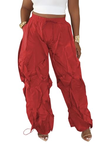 Image of Lucuna Women Balloon Pants Ruffle Fringe Drawstring High Waist Wide Leg Baggy Joggers Parachute Pants