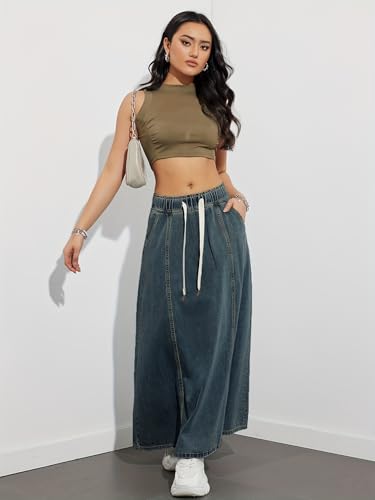 utcoco Women's Casual Elastic Waist Maxi Denim Skirt High Rise A-Line Swing Long Jean Skirts with Pockets2