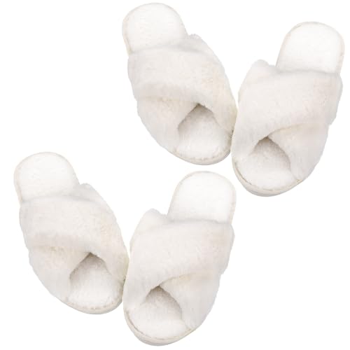 Newcotte 2 Pairs Women's Fuzzy Bridesmaid Slippers Cross Band Fluffy Plush Open Toe Cozy House Slippers for Wedding Home(White,7-8)