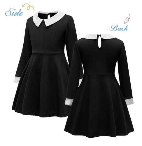 Vestido negro para niña manga larga clásico con cuello Peter Pan miniatura 6
