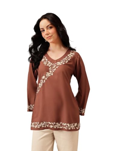 Image of QAZMI Women's Aari Embroidered Viscose Rayon V-Neck Full Sleeves Short Kurti