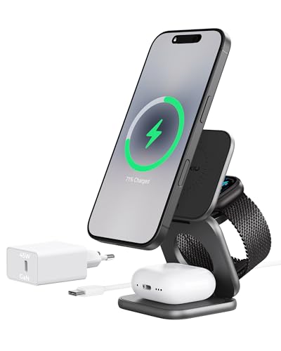 Ya en manzanajugosa.com: KU XIU X40 Turbo Qi2.2 25W Cargador Inalámbrico Magnético, Estación de Carga 3 en 1 Plegable para iPhone 17/16/15/14/13/12, 5W para Apple Watch y AirPods, Diseño en Aluminio, Adaptador GAN 45W Incl.