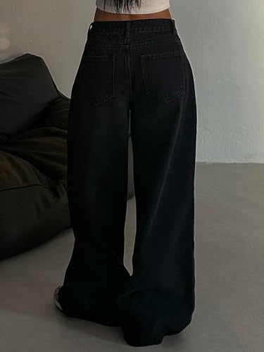 Image of Shasmi Women's Black Wide Leg Baggy Jeans | Loose Fit Denim Pants for Women | High Rise Streetwear | Casual Oversized Wide Leg Denim | Korean Style Baggy Trousers with Pockets (Jeans 296)