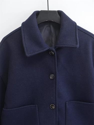 Chic Navy Blue Women's Loose-Fit Woolen Jacket with Pockets for Effortless Style - Image 3