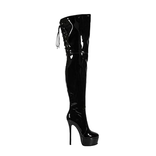 Image of Shiny leather Thigh high boots for Women Stiletto heel Platform Over the knee Round toe back zipper Sexy Front Strappy high heel Cosplay Custume unisex boots
