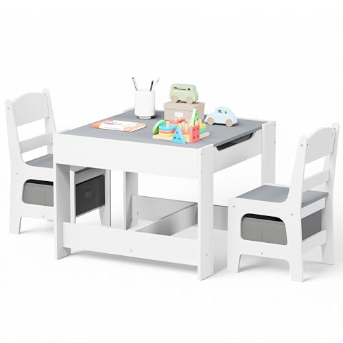 Image of Kinder King Kids Wood Table & 2 Chairs Set, 3 in 1 Children Activity Table w/Storage, Removable Tabletop, Blackboard, 3-Piece Toddler Furniture Set for Art, Crafts, Drawing, Reading, Playroom, Grey