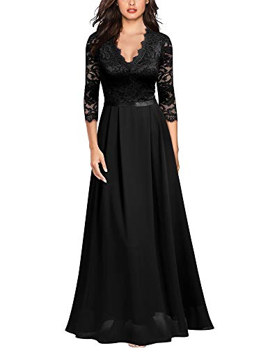 MIUSOL Damen V-Ausschnitt Langes Spitzen Partykleid Hochzeit Chiffon Faltenrock Abendkleid Schwarz Gr.L Cover