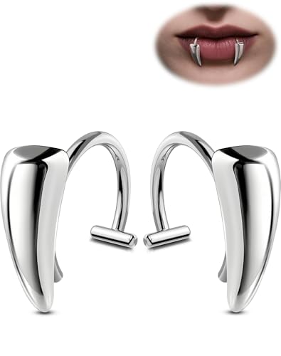 OUFER 2PCS Fake Lip Rings, Vampire Fangs Lip Cuff Piercing Jewelry Hoops, Adjustable Faux Non-Piercing Labret Piercing Jewelry For Women Men-Silver/Black